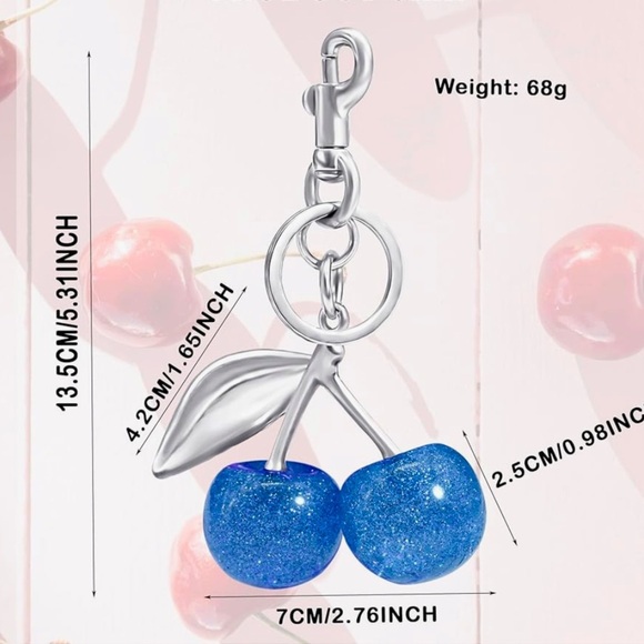 Cherry purse charm, blue sparkles, silver hardware perfect for your Coach bag - Picture 3 of 3